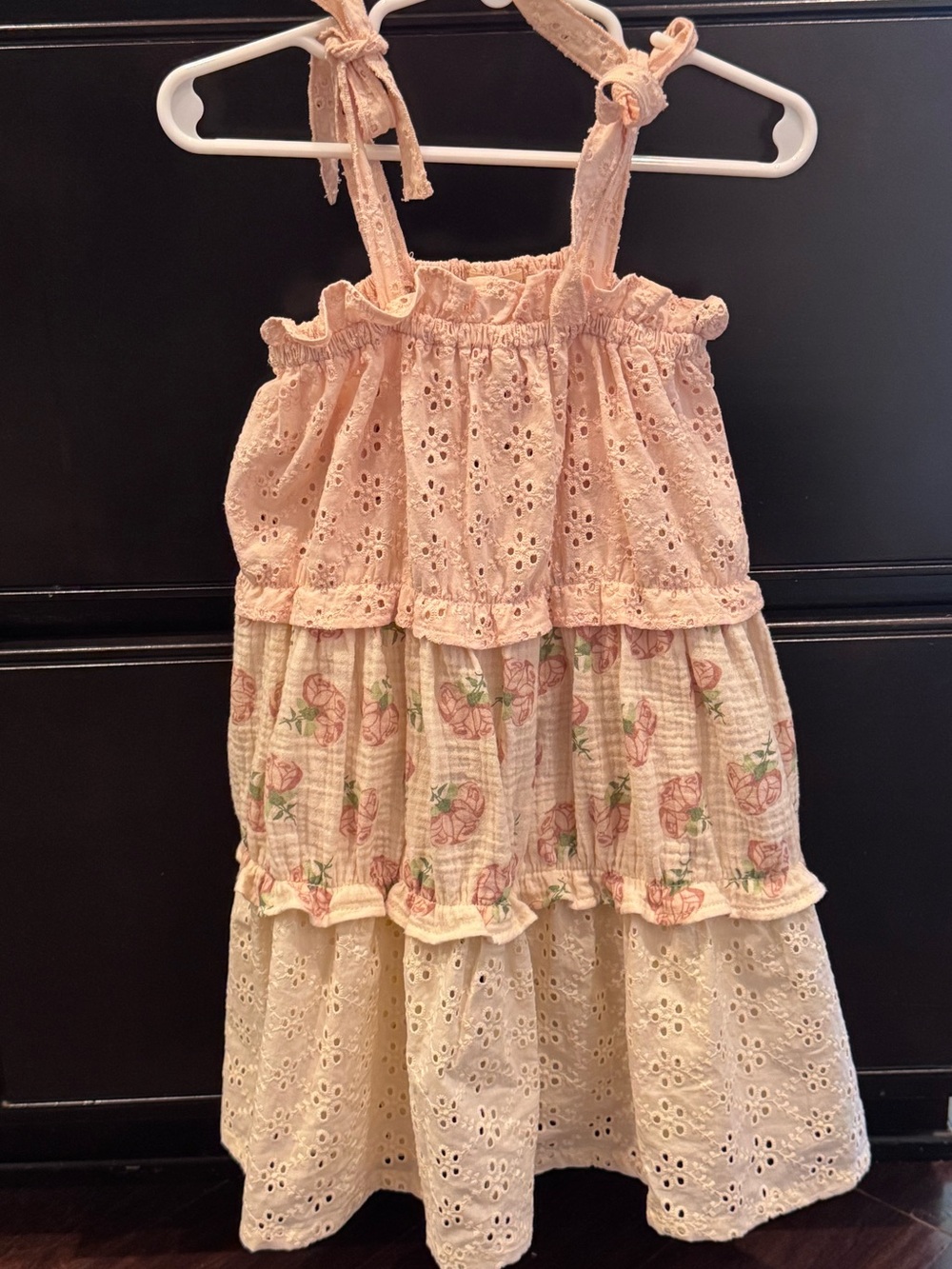 Girls Pink Eyelet Tiered Sundress with Floral Print